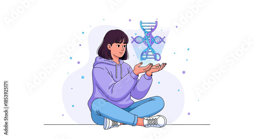 Cartoon of a girl sitting cross-legged presenting a luminous DNA strand, genetic research concept