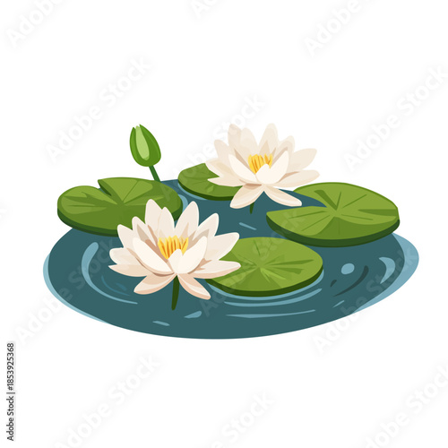 Simple icon, A Minimalistic 2D flat icon featuring a pond with lily set, clean vector design, illustration style, isolated on a white background, and modern elements in vector and EPS format.