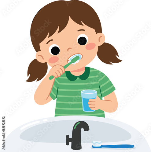Cute cartoon little girl brushing teeth with toothbrush and holding water glass at bathroom sink, dental hygiene concept, vector illustration.