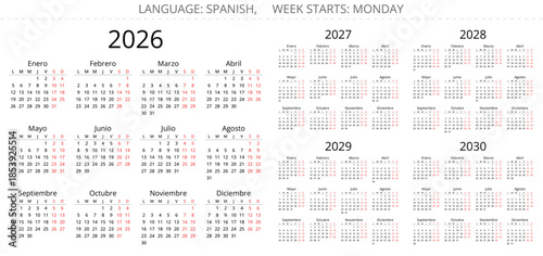 2026, 2027, 2028, 2029, 2030 spanish years calendars. vector illustration set for Spain