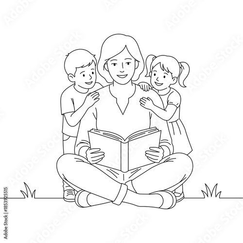 Mother reading a book to his child at home, warm family moment in simple line art illustration style