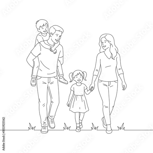 Happy Family Walking Together with Parents and Children – Line Art Illustration of Family Bond