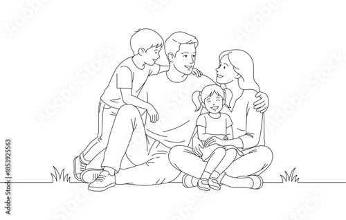 Happy family sitting together outdoors and smiling with love in clean line art illustration style