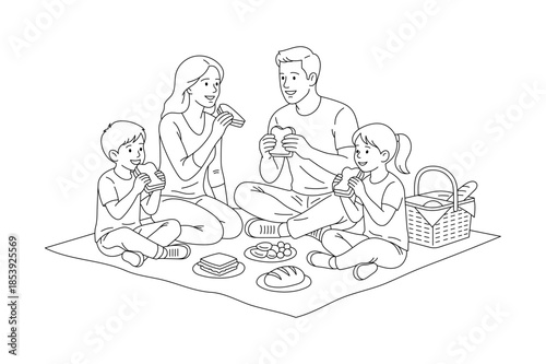 Happy family having a picnic together and eating sandwiches on a blanket in simple line art illustration