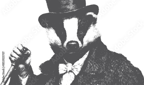 Vintage badger illustration in black and white. A dapper animal wearing a top hat and bowtie depicted in a vector art style.
