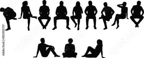 Silhouetted seated group in varied poses, chair and floor sitting, posture diversity, minimal design, body language, artistic reference, concept