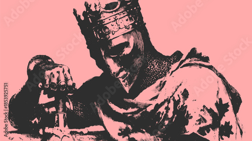 King in crown and armor holding a sword. Vintage illustration with detailed texture on a pink background, creating a striking portrait vector.
