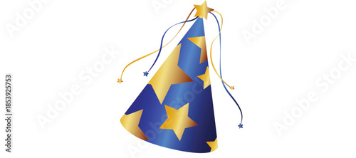 Party Hat with Stars and Ribbons on a White Background