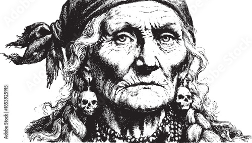 Portrait of a woman in black and white. The illustration features an old character with braids, jewelry, and a hood in a vintage vector style.