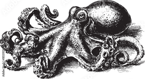 Octopus vector illustration in detailed black and white style. Unique art showcasing this marine creature?s tentacle shape and realistic design.