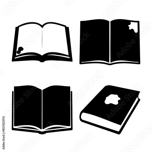 Four monochrome book icons showing open and closed views