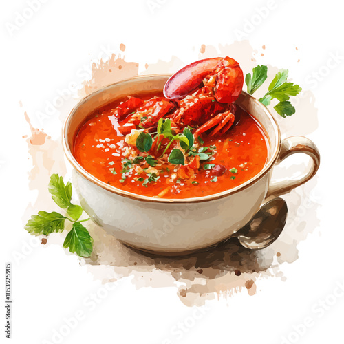 Lobster Bisque in watercolor painting style, vector illustration on white background.