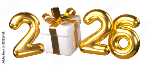 Golden 2026 balloons and gift box celebration on white background
