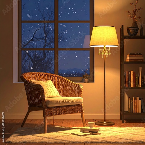 Cozy room by a window on a snowy night