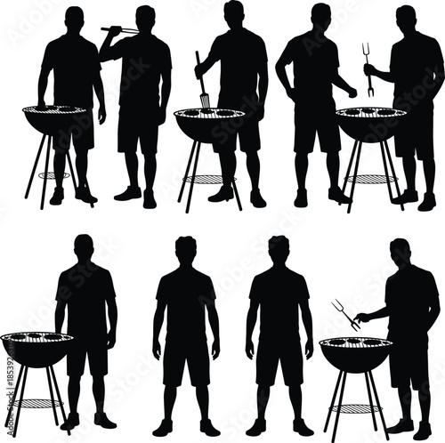 Silhouettes of Men Standing by Charcoal Grills, Ready for Backyard BBQ Cooking, Holding Tongs and Tools, Summer Outdoor Party Vector Illustration