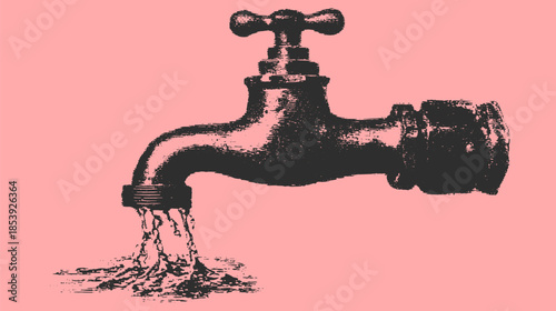 Tap with water flowing from a vintage faucet. Simple vector illustration set in black on a pink background.