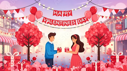Happy Valentines Day couple exchanging gifts romantic festive illustration