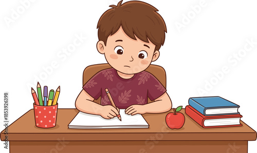 Cute cartoon schoolboy sitting at wooden desk writing on paper with pencil, doing homework with books and apple, isolated vector illustration design.