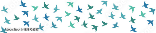 Stylized bird flock illustration, blue green flying birds, nature motion vector, migration pattern design, avian group behavior, wildlife flight art
