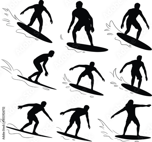 Surfing silhouettes sequence showing surfer maneuvers, black vector illustration of ocean wave action for sport, lifestyle, coastal design, branding, advertising