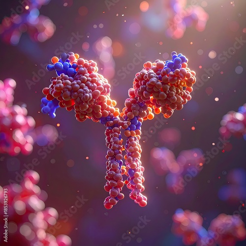 Molecular illustration of an antibody.  Complex protein structure with a Y shape.  Vibrant colors of pink, orange, and blue.  Surrounding bokeh effects create depth