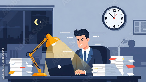 Businessman working late night in office with laptop and documents under pressure