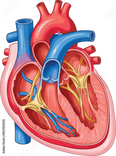 Human heart anatomy illustration showing internal chambers valves vessels nerves cardiovascular system medical diagram educational vector isolated white background detailed