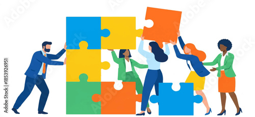 Group of colleagues collaborating to solve a jigsaw puzzle problem.