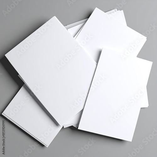 A stack of blank white papers.  Various sizes and thicknesses, piled randomly on a neutral gray surface.  Clean, simple, and professional look