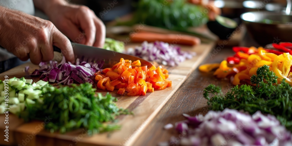 Obraz premium Person dicing fresh vegetables on a wooden cutting board
