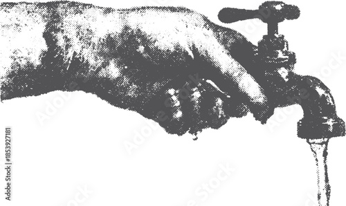 Hand turning a faucet with flowing water. Simple black and white vector illustration for plumbing and hygiene concepts.