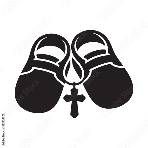 Black and white illustration of baby shoes with a christian cross pendant