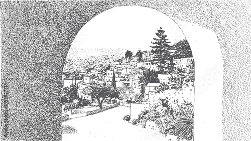 A landscape view of a village set in a rural area. This black-and-white vector illustration captures architecture, trees, and hills in a detailed outline.