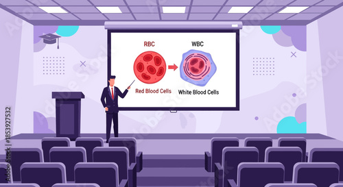 Diagram of blood cells red and white cells being presented in a classroom for education