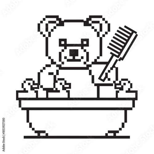 A pixelated teddy bear is taking a relaxing bath with a comb
