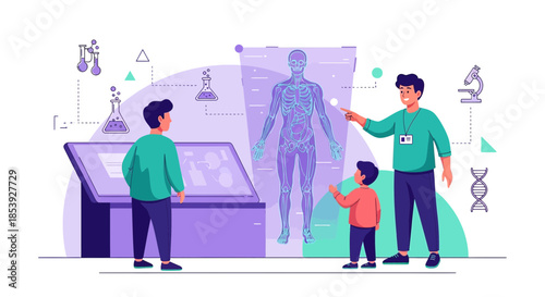Educational anatomy illustration featuring students and teacher exploring the human body system in