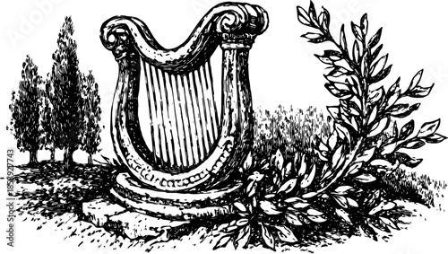 Classical lyre musical instrument illustration. Detailed black and white vector set with decorative flora elements in a harmonious landscape setting.