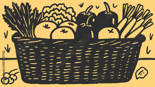 Vegetables in a basket. Simple black design showcasing carrots, tomatoes, lettuce, and peppers in a vector set illustration.