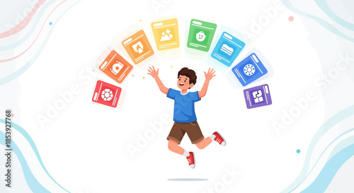 Energetic boy leaps amidst a colorful array of app icons against clean backdrop of innovation