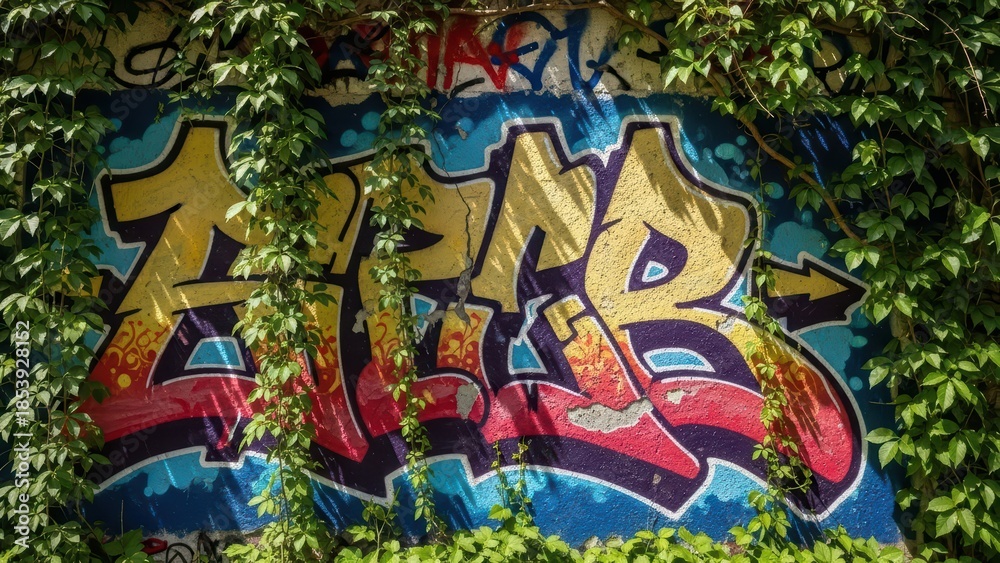 Fototapeta premium Vibrant urban graffiti art covered by green ivy on a city wall