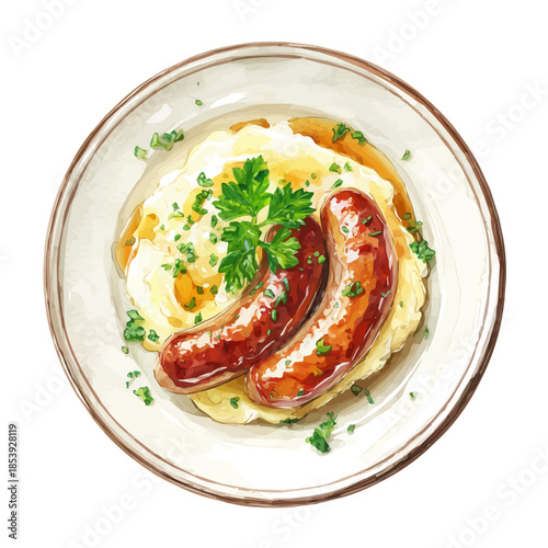 Watercolor vector illustration of Bangers And Mash, isolated on white background.