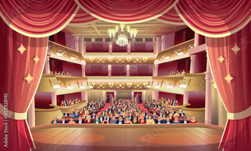 A full theater hall with spectators. Theater hall. View of an empty theater hall with seats. An old vintage theater hall. A performance on stage. Backstage.