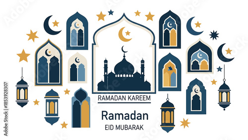 Ramadan Kareem Eid Mubarak Islamic Mosque Lanterns Crescent Moon Stars Decorative Elements