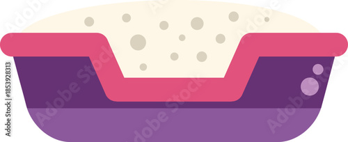 Purple and pink litter box is filled with absorbent cat litter, providing a designated space for feline companions to maintain hygiene