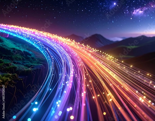 Illuminated pathways over a green hill and mountains beneath a starry sky