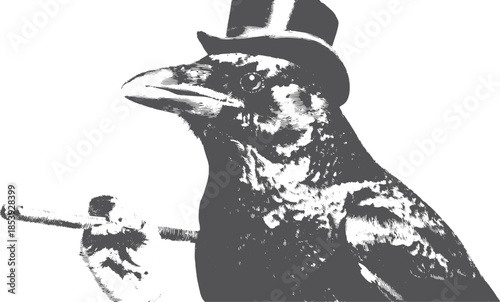 Crow in a black and white vector illustration. The elegant bird wears a top hat and holds a cane, creating a sophisticated character design.