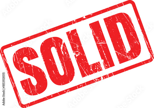 Bold red rubber stamp impression with the word SOLID presented on a pure white canvas