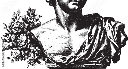 Classical statue bust of a male figure with floral elements. Elegant monochrome vector illustration showcasing craftsmanship and artistic detail.