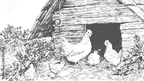Chickens and chicks in a vintage illustration style. Domestic poultry scene with a coop and surrounding nature depicted in black and white vector.