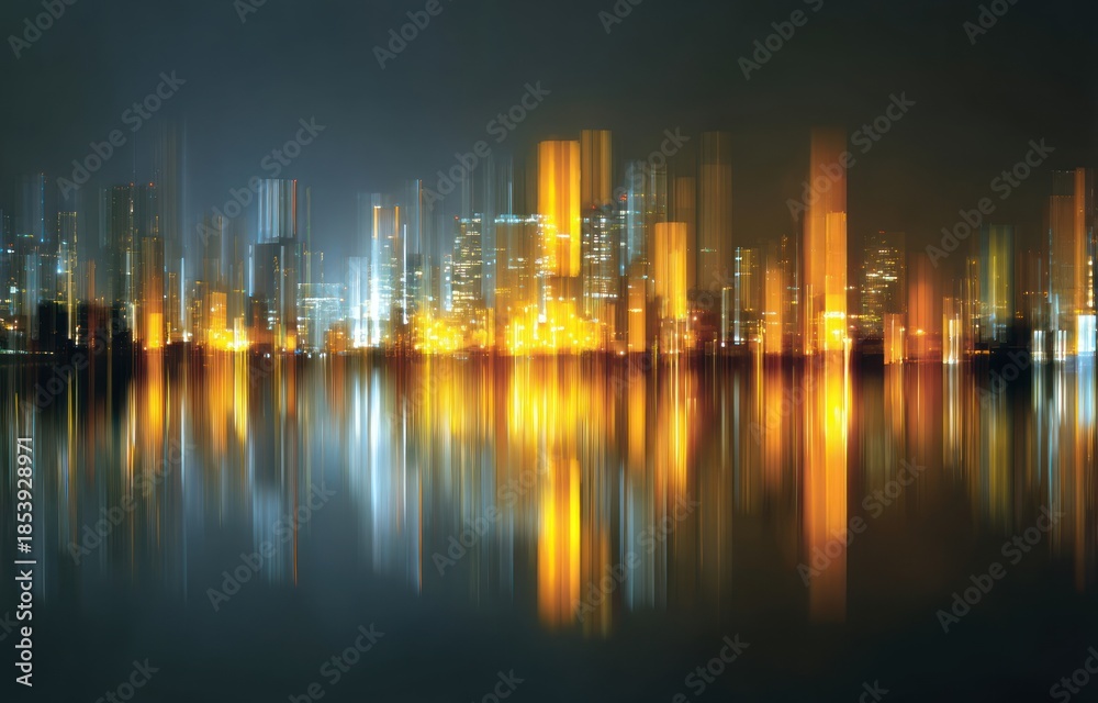 Fototapeta premium Abstract city lights reflecting vertically on dark water at night.
